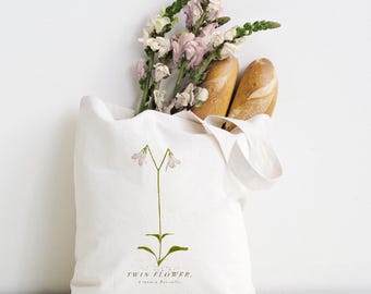 Twin Flower Tote Bag. Organic Cotton. Linnaea Borealis. Twin