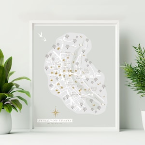 Framed Henley on Thames Map Print. Illustrated wall map of Henley on Thames. Henley Regatta Gift. Oxfordshire Gift. UK Travel gift