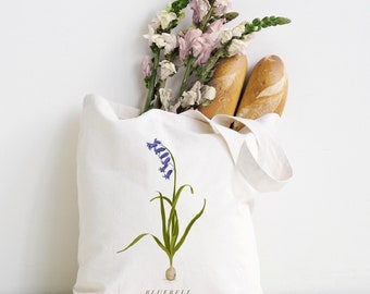 Bluebell Tote Bag, 100% Organic Cotton. Botanical Cotton Tote Bag, British Wildflower Tote, Blue Flower Bag.