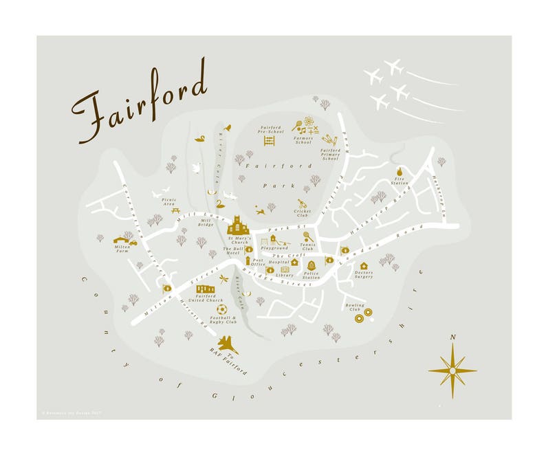 Framed Fairford Map Print. Illustrated Map of Fairford. Gloucestershire
