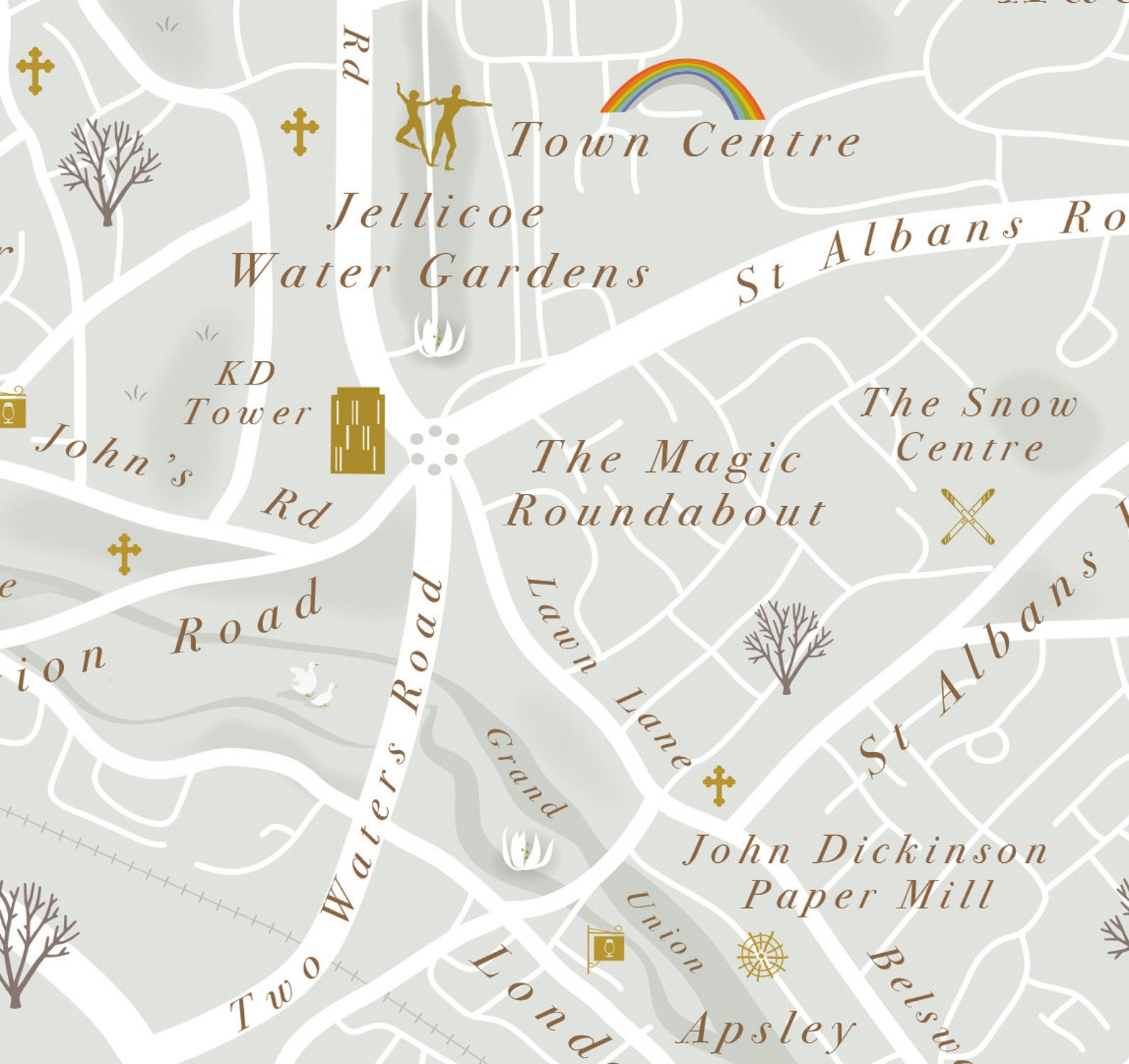 Framed Hemel Hempstead Print. Hemel Hempstead Illustrated Map. Hemel