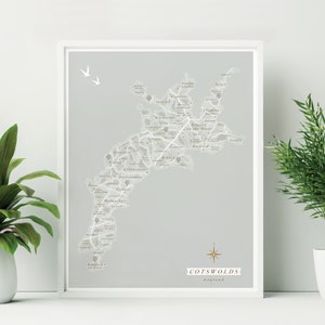 Impresión sin marco del mapa de los Cotswolds. Mapa ilustrado de los Cotswolds. Arte de los Cotswolds. Decoración de pared de los Cotswolds. Póster del mapa de los Cotswolds.