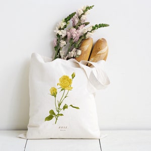 Yellow Rose Tote Bag, Organic Cotton. Rose Tote Bag. Yellow Rose Botanical Illustration. Rose Art. Yellow Flower tote.