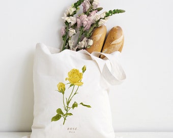 Yellow Rose Tote Bag, 100% Organic Cotton. Botanical Cotton Tote Bag, British Wildflower Tote, . Mothers Day Flower Bag.