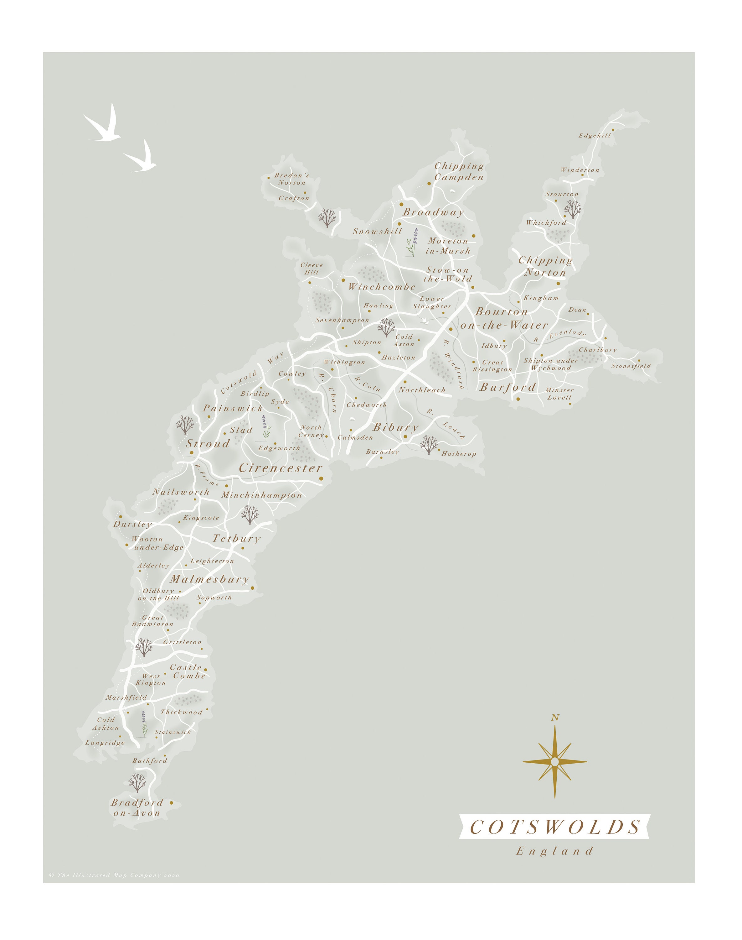 Cotswolds Print. Wall Map of Cotswolds. Cotswolds Print. Etsy
