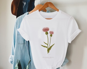 Camisa con cardo. Camisa de mujer, 100 % algodón orgánico sostenible, camisa con flores rosas. Camisa botánica, camisa con flores silvestres escocesas.