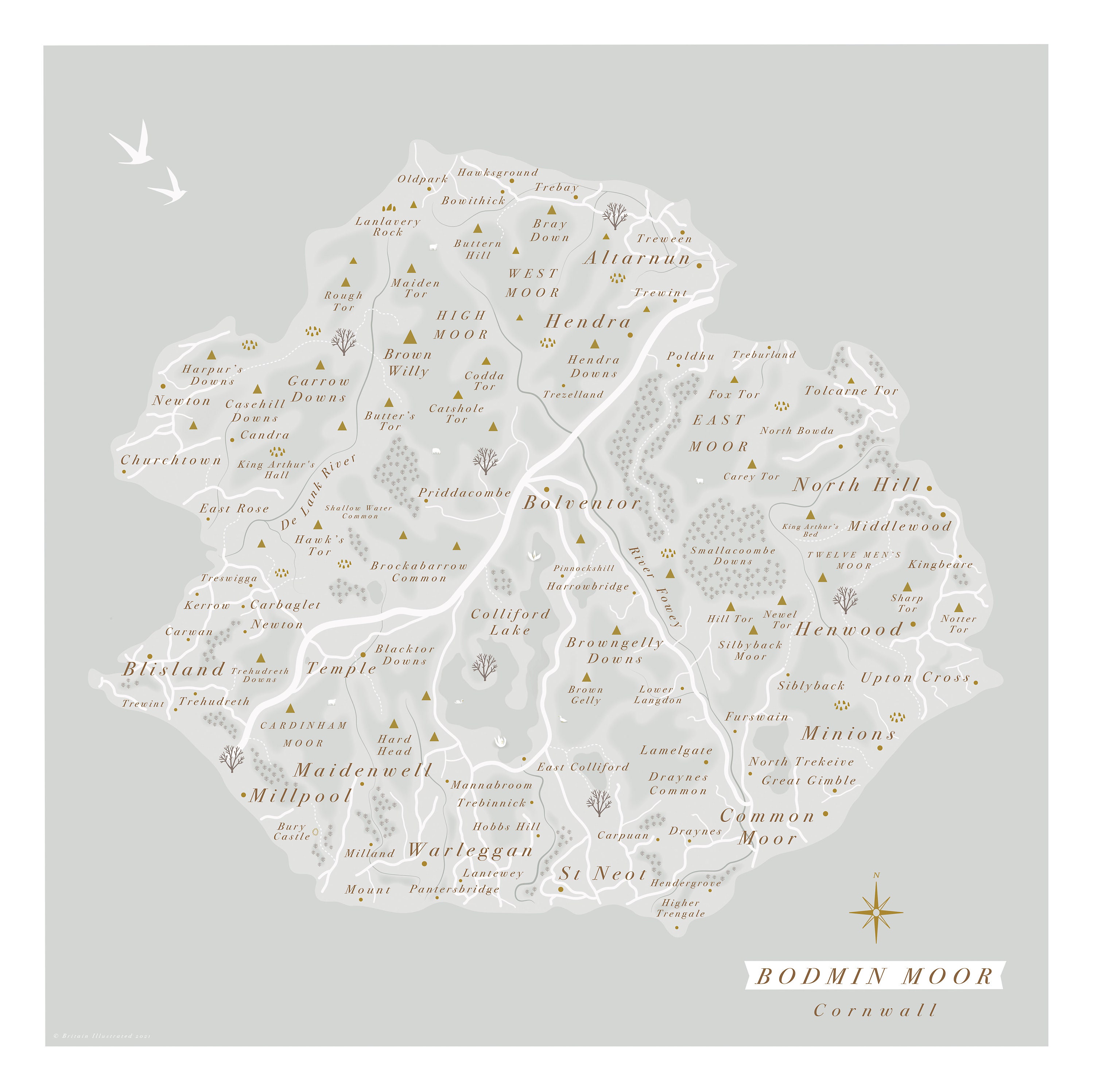 Framed Bodmin Moor Map Print. Illustrated Map of Bodmin Moor. Cornwall