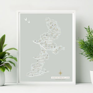 Framed Northumberland Map Print. Northumberland Illustrated Map Poster. Northumberland Wall Art.
