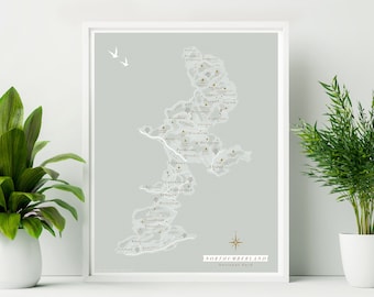 Framed Northumberland Map Print. Northumberland Illustrated Map Poster. Northumberland Wall Art.