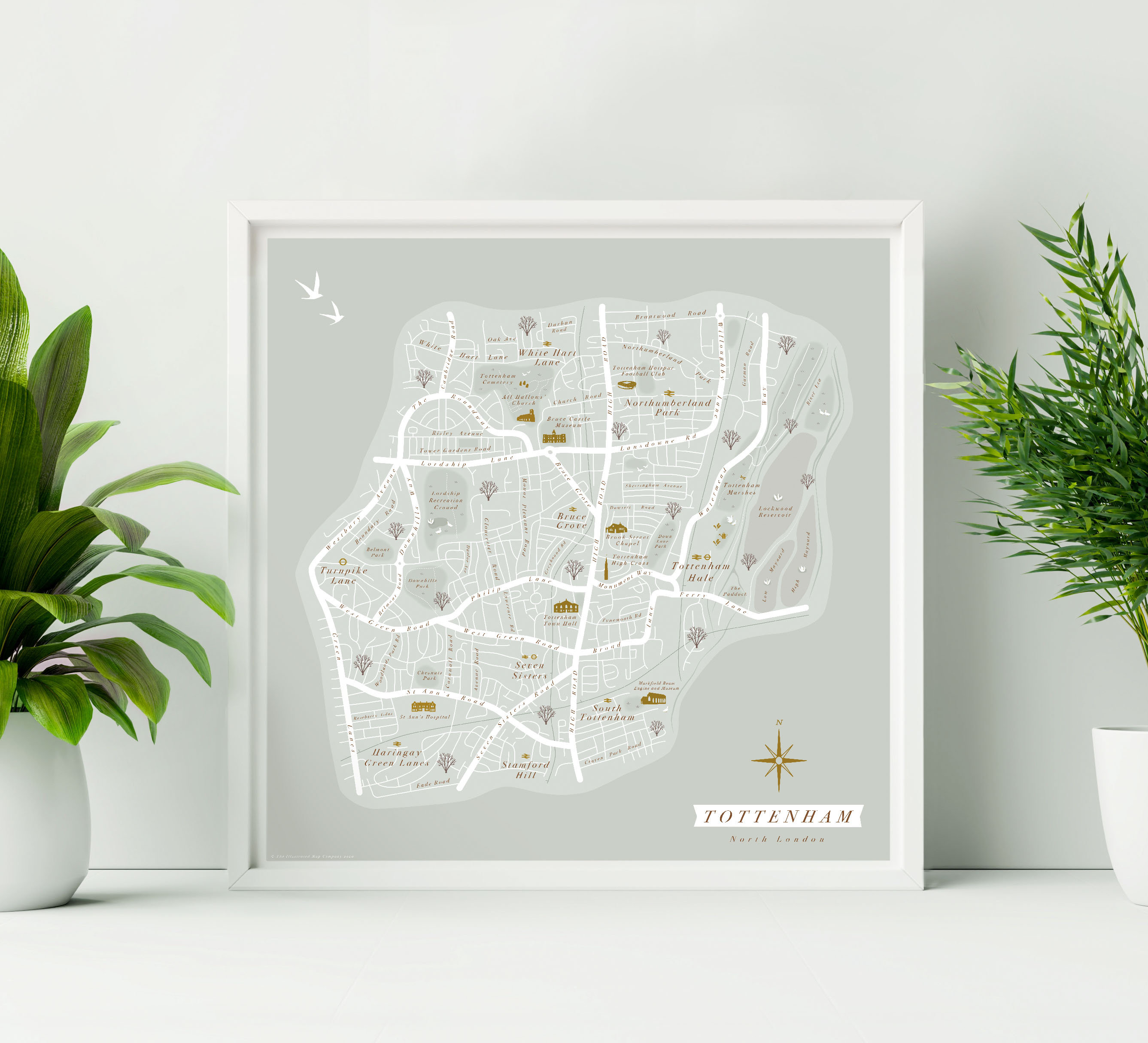 Framed Tottenham Map Print. Illustrated Map of Tottenham, North London. London Suburbs