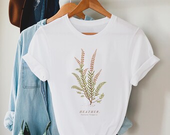 T-shirt chiné. Coton biologique. Coupe femme. TP - 2TG. Chemise rose fleurs sauvages. Bruyère Art. Illustration botanique de bruyère.