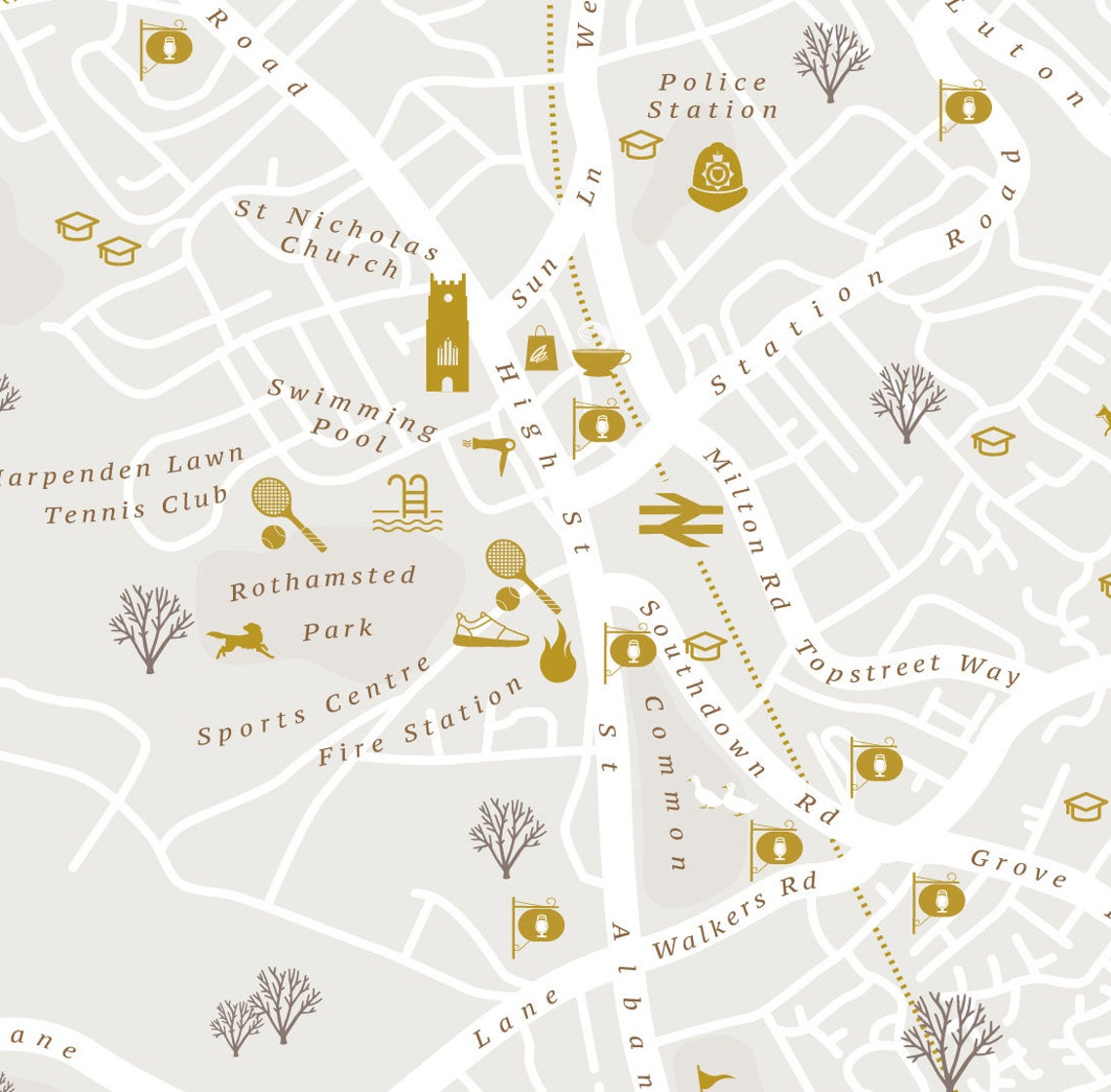 Harpenden Print. Illustrated map of Harpenden Harpenden Etsy