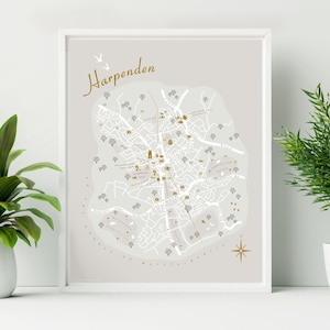 Unframed Harpenden Map Print. Illustrated map of Harpenden, Harpenden print. Harpenden Art. Harpenden Map Poster.