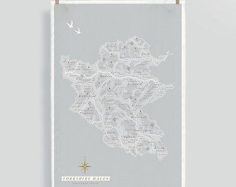 Yorkshire Dales Map Tea Towel. 100% Cotton Tea Towel. 48 x 70cm. Yorkshire Dales Illustrated Map. Yorkshire Dales Art. Yorkshire Dales Gift.