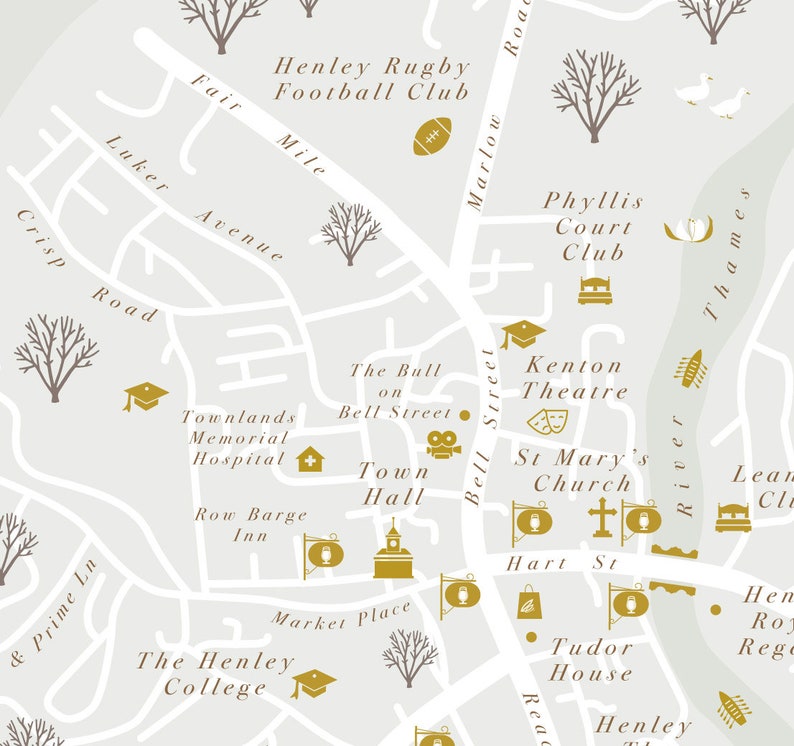 Framed Henley on Thames Map Print. Illustrated Wall Map of Etsy