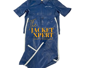 Men’s Blue Leather Tracksuit Set – Short Sleeve Shirt, Retro Pants, Streetwear Outfit