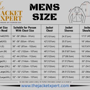 May include: A size chart for jackets, featuring measurements in inches and centimeters. The chart includes sizes from XXSmall to XXXXLarge, detailing chest, sleeve, and shoulder dimensions. The Jacket Xpert logo and website address are also visible.