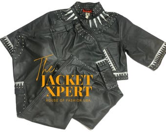 Men’s Black Leather Biker Suit – Studded Jacket & Pants Set