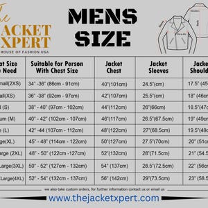 May include: A size chart for jackets, featuring measurements in inches and centimeters. The chart includes sizes from XXSmall to XXXXLarge, detailing chest, sleeve, and shoulder dimensions. The Jacket Xpert logo and website address are also visible.