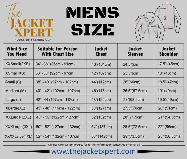 May include: A size chart for jackets, featuring measurements in inches and centimeters. The chart includes sizes from XXSmall to XXXXLarge, detailing chest, sleeve, and shoulder dimensions. The Jacket Xpert logo and website address are also visible.