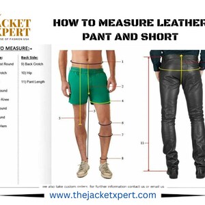 May include: Diagram illustrating how to measure leather pants and shorts. The image shows a person wearing green shorts and another wearing black leather pants. Measurement points are labeled with numbers and descriptions. The text "HOW TO MEASURE LEATHER PANT AND SHORT" is at the top.