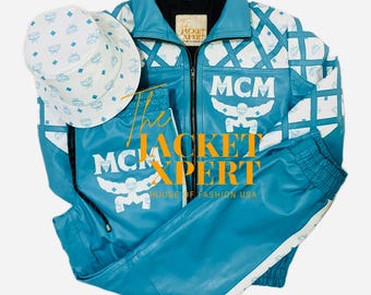 Men’s Custom Leather Tracksuit MCM Style – Handmade Designer Two Piece Set, Luxury Streetwear Outfit