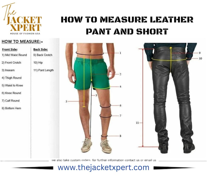 May include: Diagram illustrating how to measure leather pants and shorts. The image shows a person wearing green shorts and another wearing black leather pants. Measurement points are labeled with numbers and descriptions, including waist, inseam, and hip.