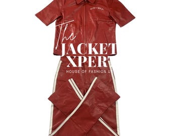 Men’s Red Leather Tracksuit Set – Handmade Short Sleeve Leather Shirt & Pants Outfit