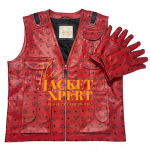 May include: Red leather vest and gloves set. The vest features a zip-up front, multiple pockets, and black straps. Both the vest and gloves are patterned with a repeating black logo. The text "The Jacket Xpert" and "House of Fashion USA" are visible.