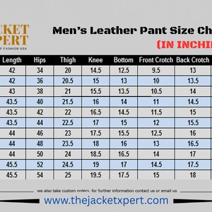 May include: A size chart for leather pants, with measurements in inches. The chart includes waist, length, hips, thigh, knee, bottom, front crotch, back crotch, and inseam measurements for various sizes, from XS to 7XL.