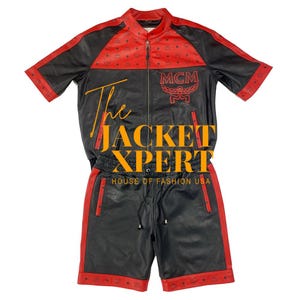May include: Black and red leather jacket and shorts set. The jacket has short sleeves, a zipper, and red accents. The shorts have a drawstring waist and red trim. The set features the MCM logo and the text "The Jacket Xpert".