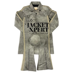 May include: A gray suede jacket, pants, and hat set with cream-colored stripes and zippers. The jacket has a button-down front and the text "The JACKET XPERT HOUSE OF FASHION USA" is printed on the front.