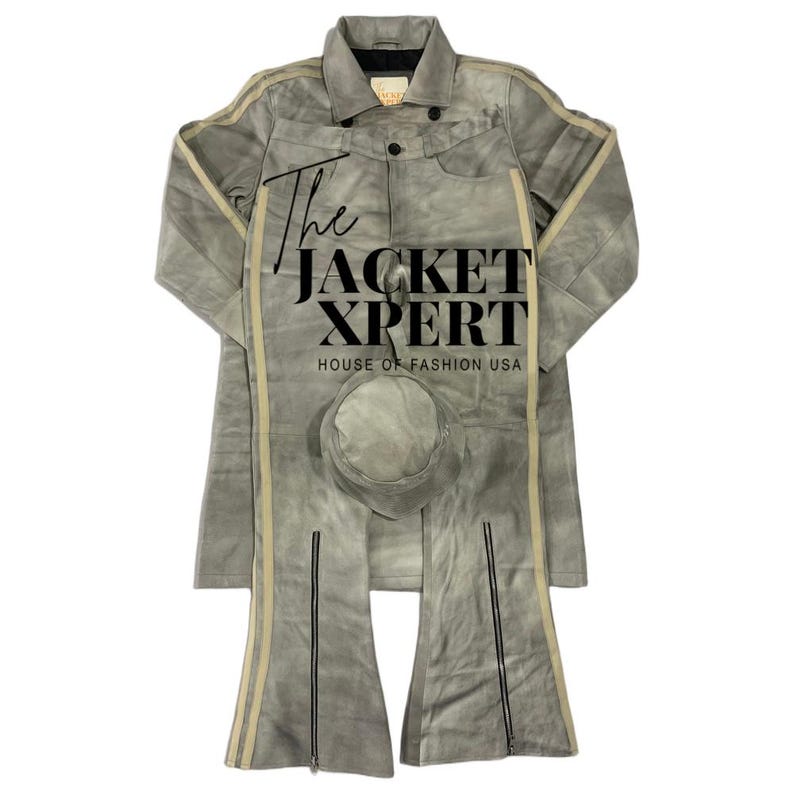 May include: A gray suede jacket, pants, and hat set with cream-colored stripes and zippers. The jacket has a button-down front and the text "The JACKET XPERT HOUSE OF FASHION USA" is printed on the front.