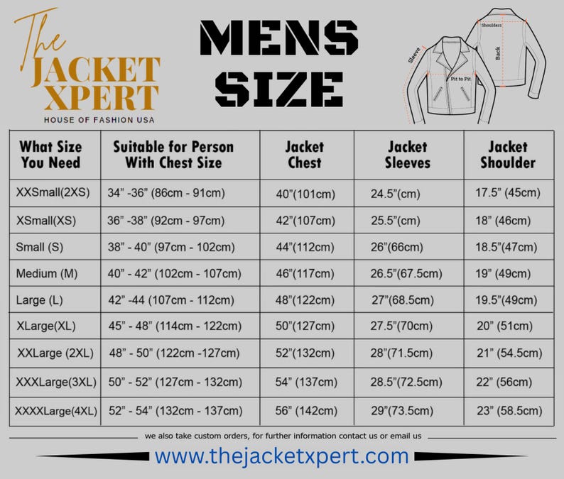 May include: A size chart for jackets, featuring measurements in inches and centimeters. The chart includes sizes from XXSmall to XXXXLarge, detailing chest, sleeve, and shoulder dimensions. The Jacket Xpert logo and website address are also visible.
