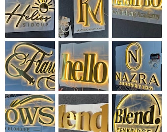 Könnte beinhalten: Eine Sammlung beleuchteter goldener Schilder, die Unternehmensnamen und Logos zeigen. Die Schilder zeigen die Namen "Helios Sidcup", "KM Accountancy", "Lash Bo Training Academy", "Frau", "hello", "Nazra Aesthetics", "Brows Blondiee", "blend" und "Blend Penkridge".