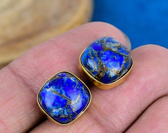 Lapis Lazuli Cushion Shape Stud Earring: Gold Plated 925 Sterling Silver