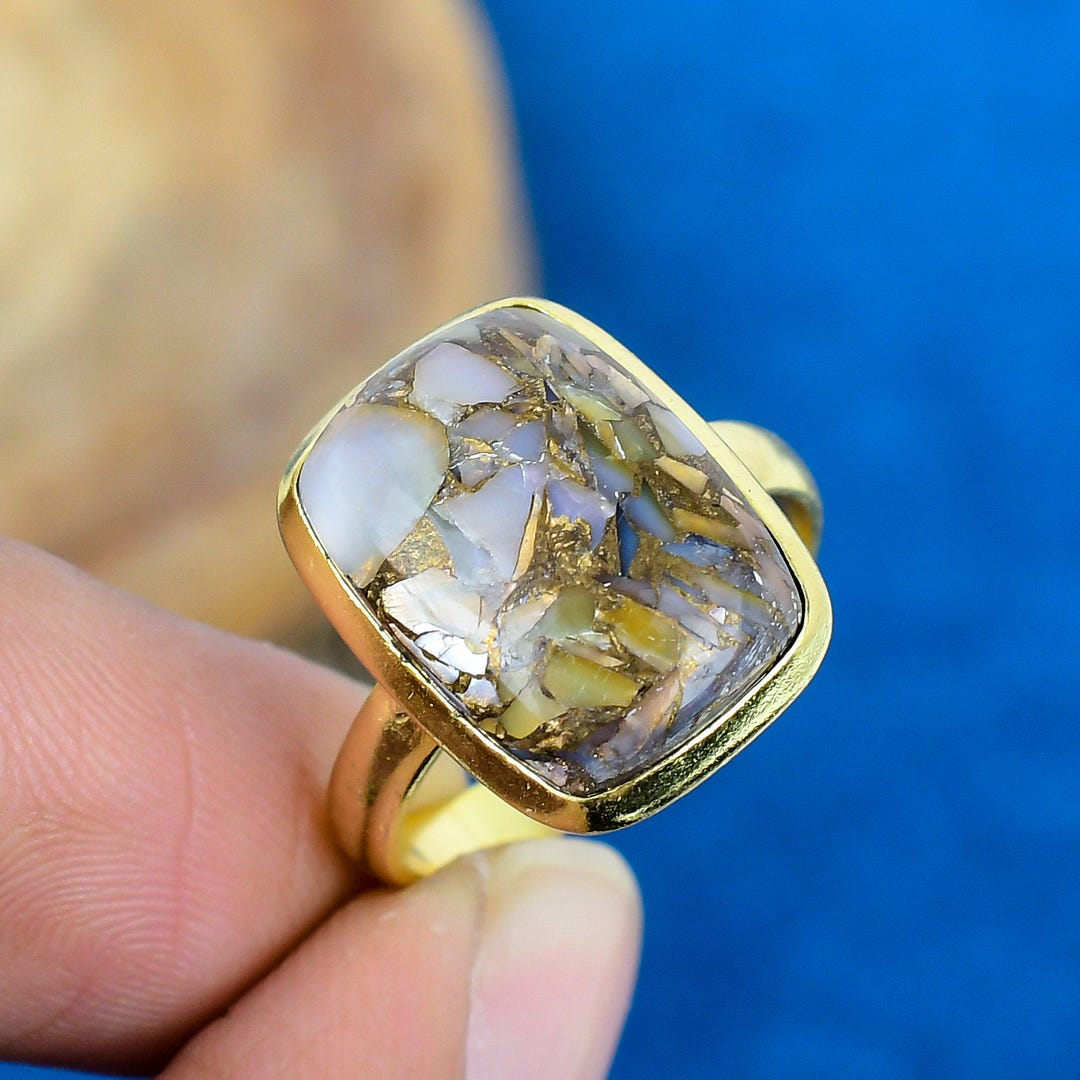 Natural White Shell Gemstone Handmade 925 Sterling Silver Ring Gold ...