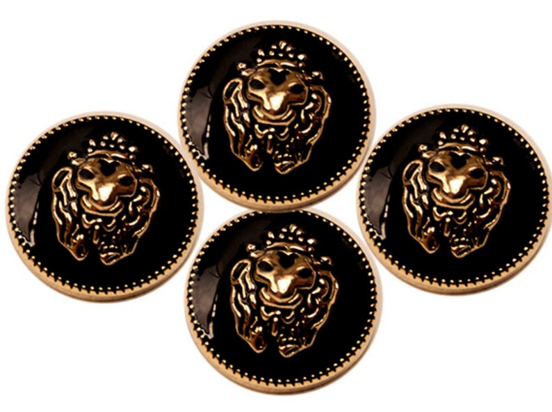 New Set of 4 Lion Head Black /& Gold Color Metal Enamel Buttons .75/"