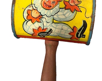 Vintage T Conn Metal Clown Shaker Rattle, Double Sided Happy & Scary Face Noisemaker, Mid Century Circus Toy, Creepy Halloween Decor