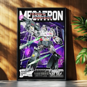 Pode incluir: Um poster emoldurado com uma ilustração estilizada de Megatron de Transformers. A obra de arte mostra o personagem em tons de cinza, preto e vermelho, segurando uma arma grande. O poster inclui o texto "MEGATRON" e "TRANSFORMERS".