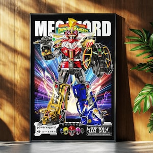 May include: A framed poster with a vibrant illustration of the Megazord from Mighty Morphin Power Rangers. The robot is shown in red, black, yellow, and blue, with the words "Mighty Morphin Power Rangers" and "Megazord" displayed.