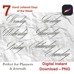 Könnte beinhalten: Eine digitale Grafik mit den sieben Wochentagen in eleganter, handgeschriebener Schrift. Die Tage sind in einem kreisförmigen Muster auf einem strukturierten weißen Hintergrund angeordnet. Die Zahl 7 ist rot, und der Text "Hand Lettered Days of the Week" steht darüber.
