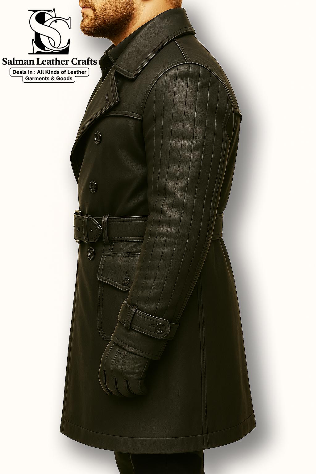 メンズ本革ダブルブレストトレンチコート - ベルト付きバイカー