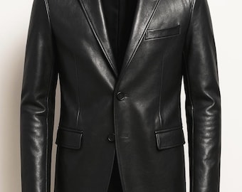 Blazer de cuero negro para hombre: Chaqueta clásica de dos botones - Salman Leather Crafts