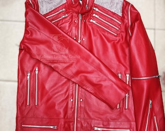 Blouson en cuir rouge Michael Jackson Beat It : conception à plusieurs fermetures à glissière