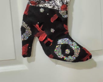 Goth Glam Christmas Stocking, Goth Ruched High-Heel Boot Stocking, Red Rose Stocking, Black Holiday Decor, Glam Christmas Stocking