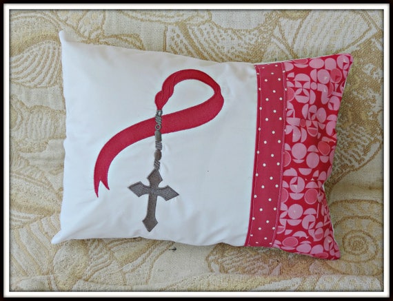 Cancer ribbon, Rosary ribbon, pink pillow, breast cancer awareness, pink ribbon pillow, breast cancer ribbon
