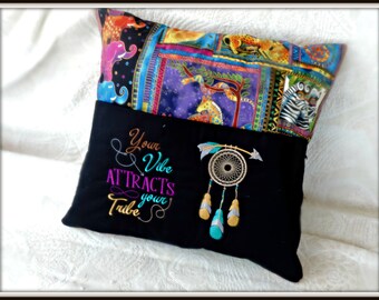 your vibe attracts your tribe book pillow with pocket, boho book pocket pillow, book gifts for book lovers, reading nook pillow, bookish