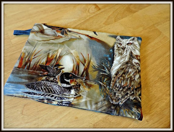 owl organizer bag, duck print cosmetic bag, outdoor scene quilted bag, water fowl bag, electronics bag, nature lover gift, teacher gift