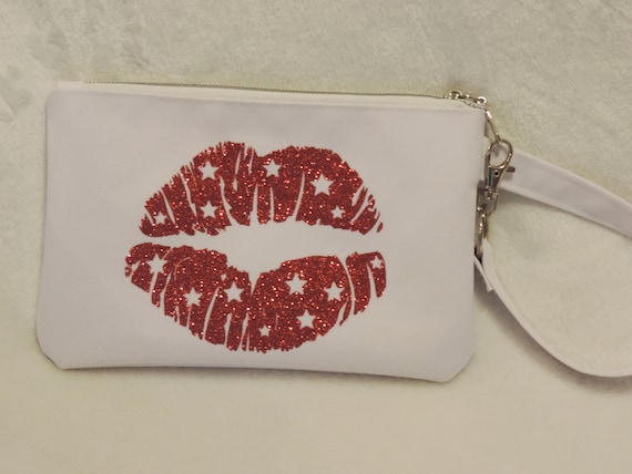 lip print pouch, lipstick pouch, red glitter pouch, gift for her, date night wristlet